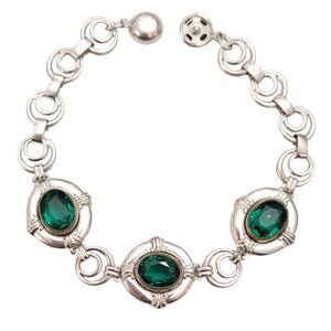 Silver Tone Green Faceted Bezel Set Oval Link Mid Century Chain Bracelet E187